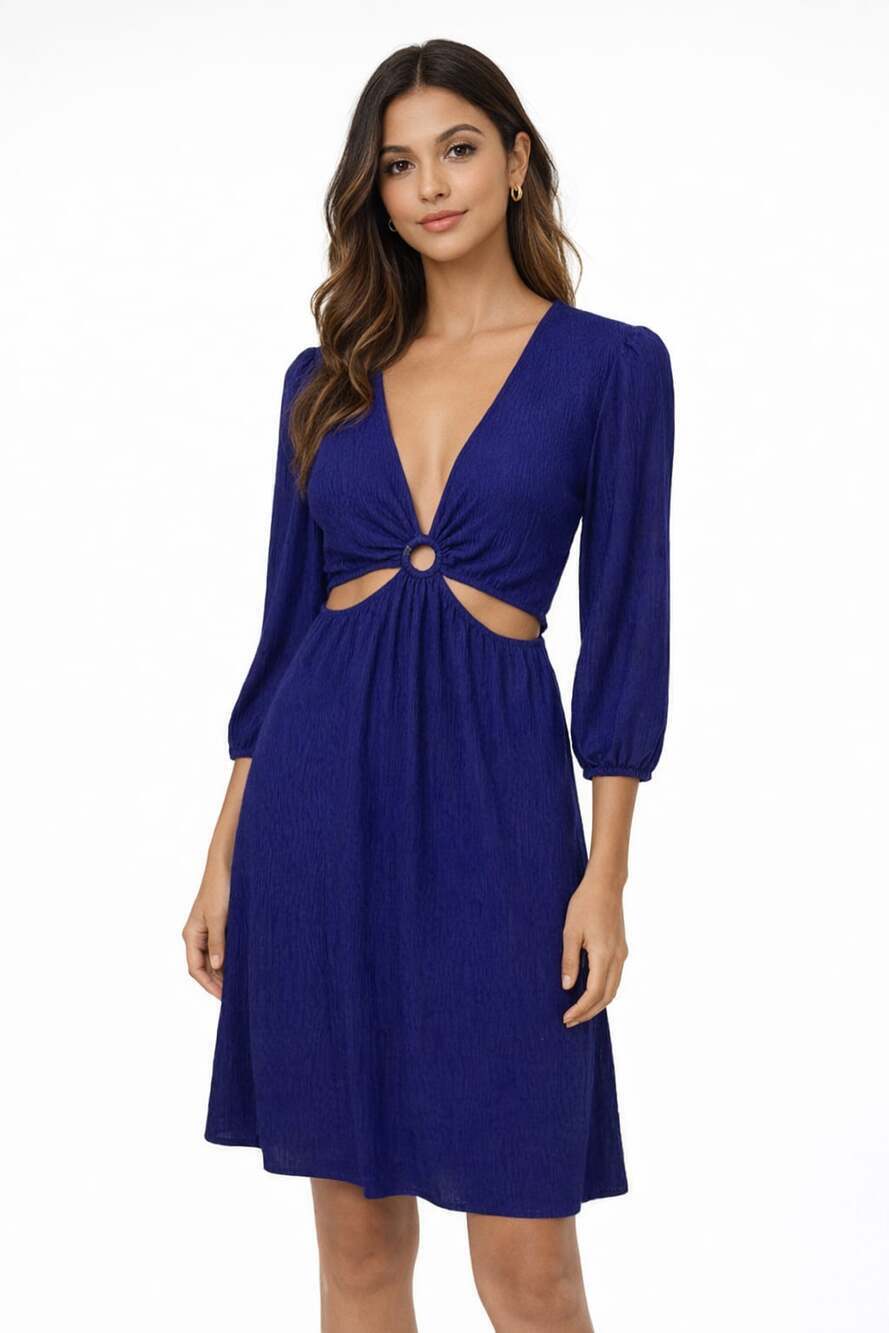 Monteau Los Angeles Cobalt Blue Cut-Out O-Ring Mini Dress LS Size M